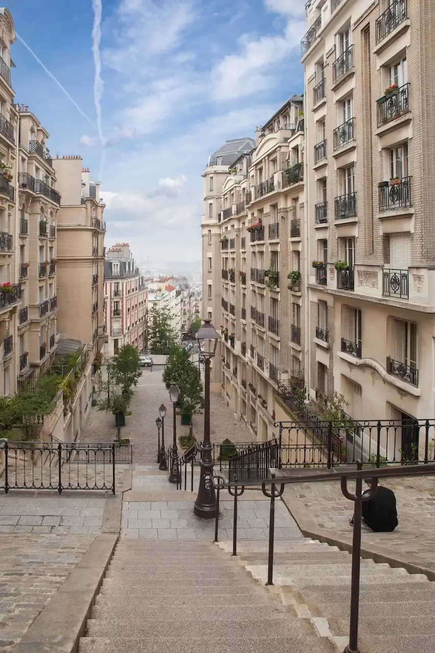 Aerial view of Paris rooftops with Haussmann buildings and the Eiffel Tower in the background
